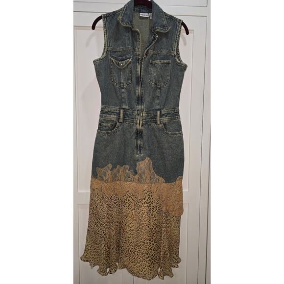 Vintage Y2K Newport News Jeanology Denim Lace Leopard Print Dress – Size 8 - Picture 1 of 16